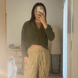 Akira Olive Long Sleeve Wrap Top